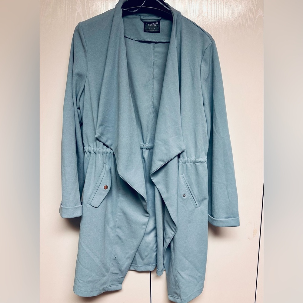 Women's waterfall style light Blue blazer coat  with drawstrings. Size L